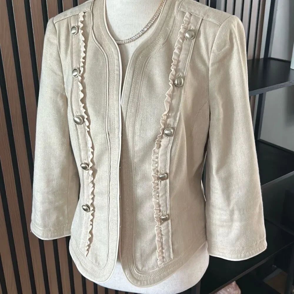 WHBM Linen Jacket Womens 8 Gold Beige Blazer Sparkles Buttons Ruffles